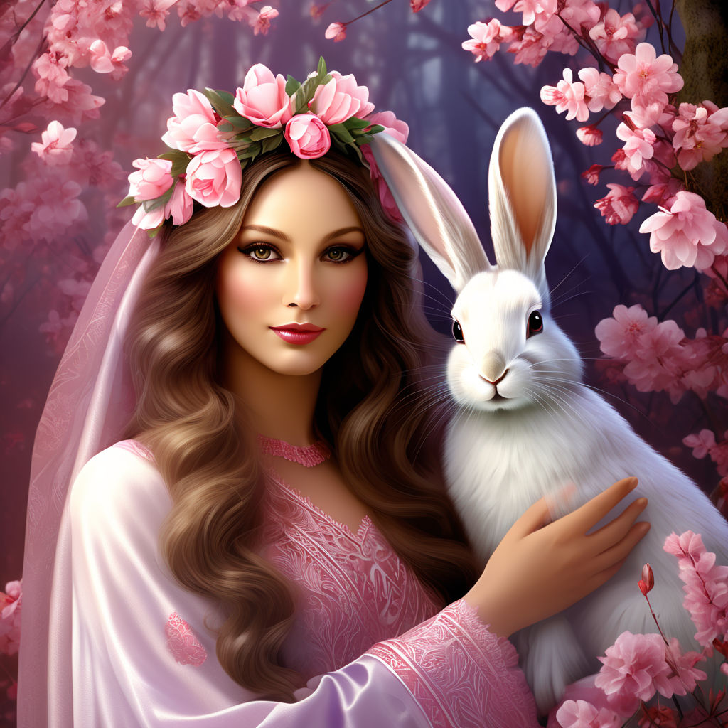 Ostara mit einem Osterhasen im Arm