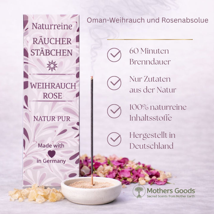 Naturreine Räucherstäbchen "Weihrauch &amp; Rose" - hergestellt in Deutschland